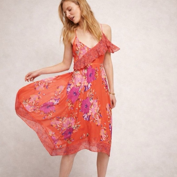 Anthropologie Dresses & Skirts - Anthropologie Maeve Grecia Ruffle Floral Asymmetrical Midi Dress Size 4